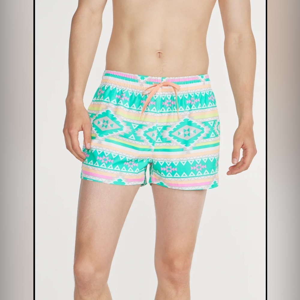 chubbies Turquoise Aztec Swim Trunks with Pink and Yellow Accents